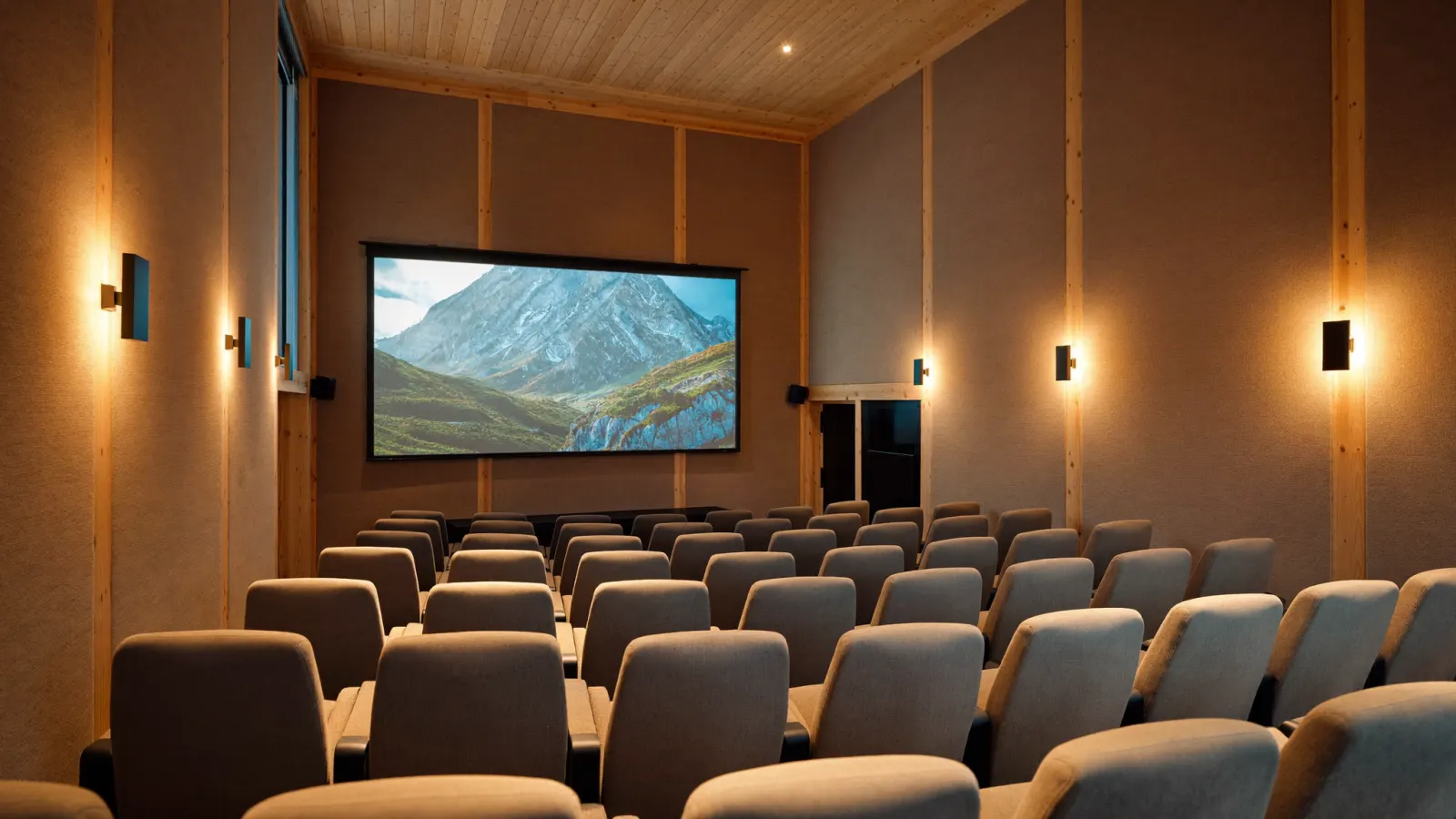A small community cinema with timber walls, upholstered seats and a screen showing mountains
