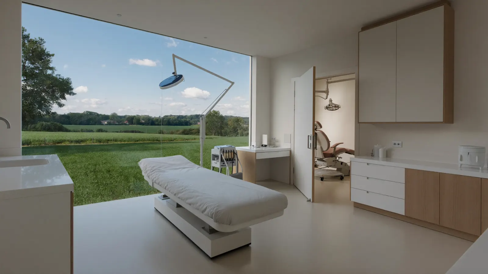 A small community clinic room with a treatment bed and examination light, a dental chair through the door, and a large window onto fields