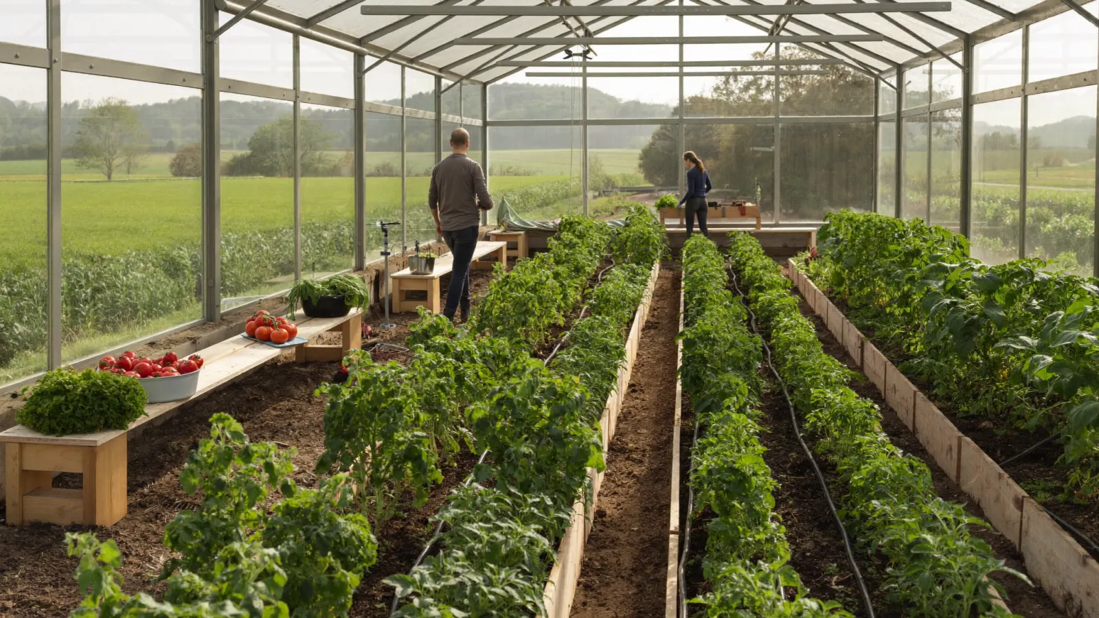 Inside a long greenhouse with raised beds of tomatoes and greens, two people harvesting, fields and low hills beyond the glass
