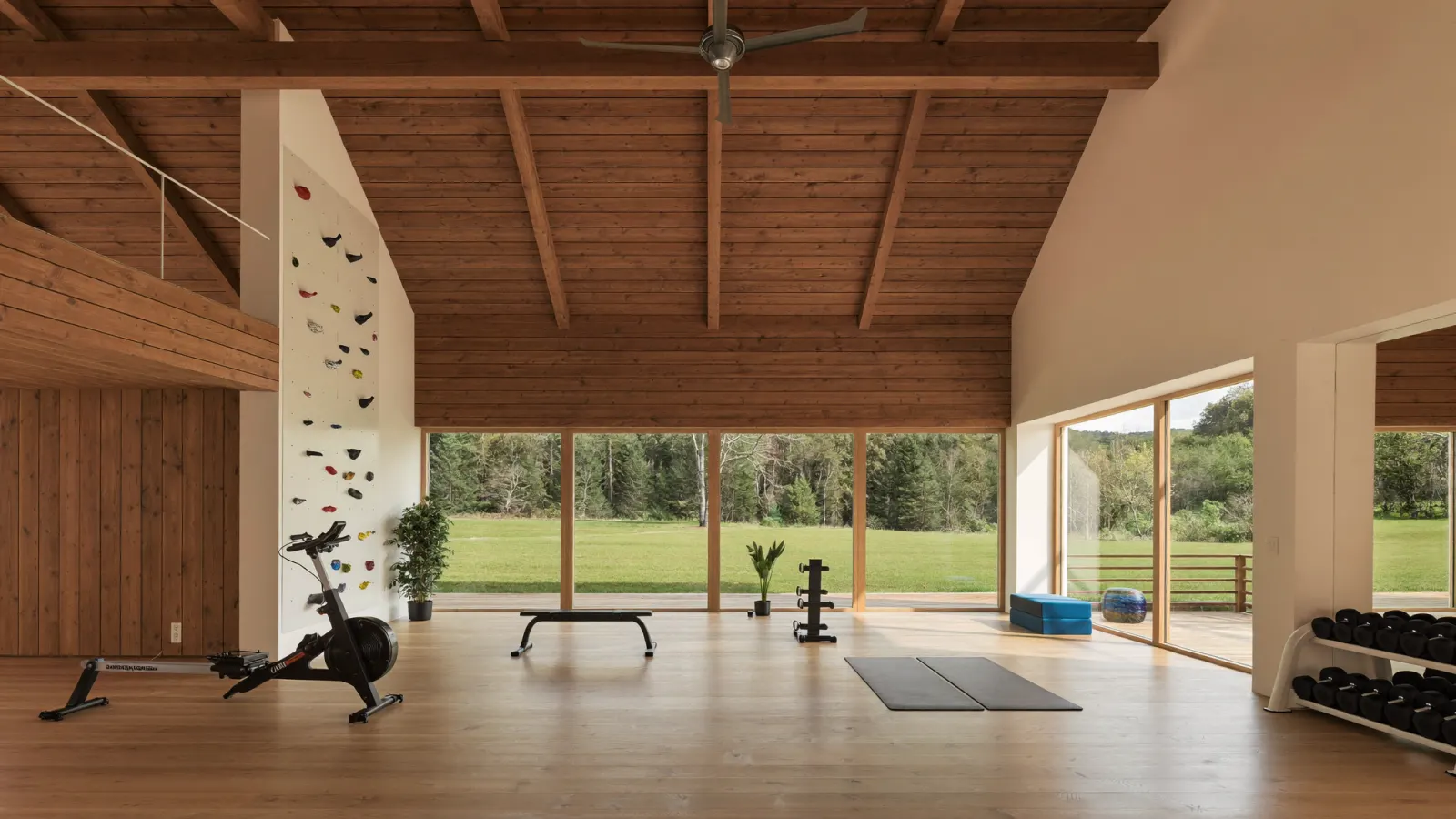 A bright community gym with a timber ceiling, rowing machine, climbing wall and weights, with large windows onto fields and forest